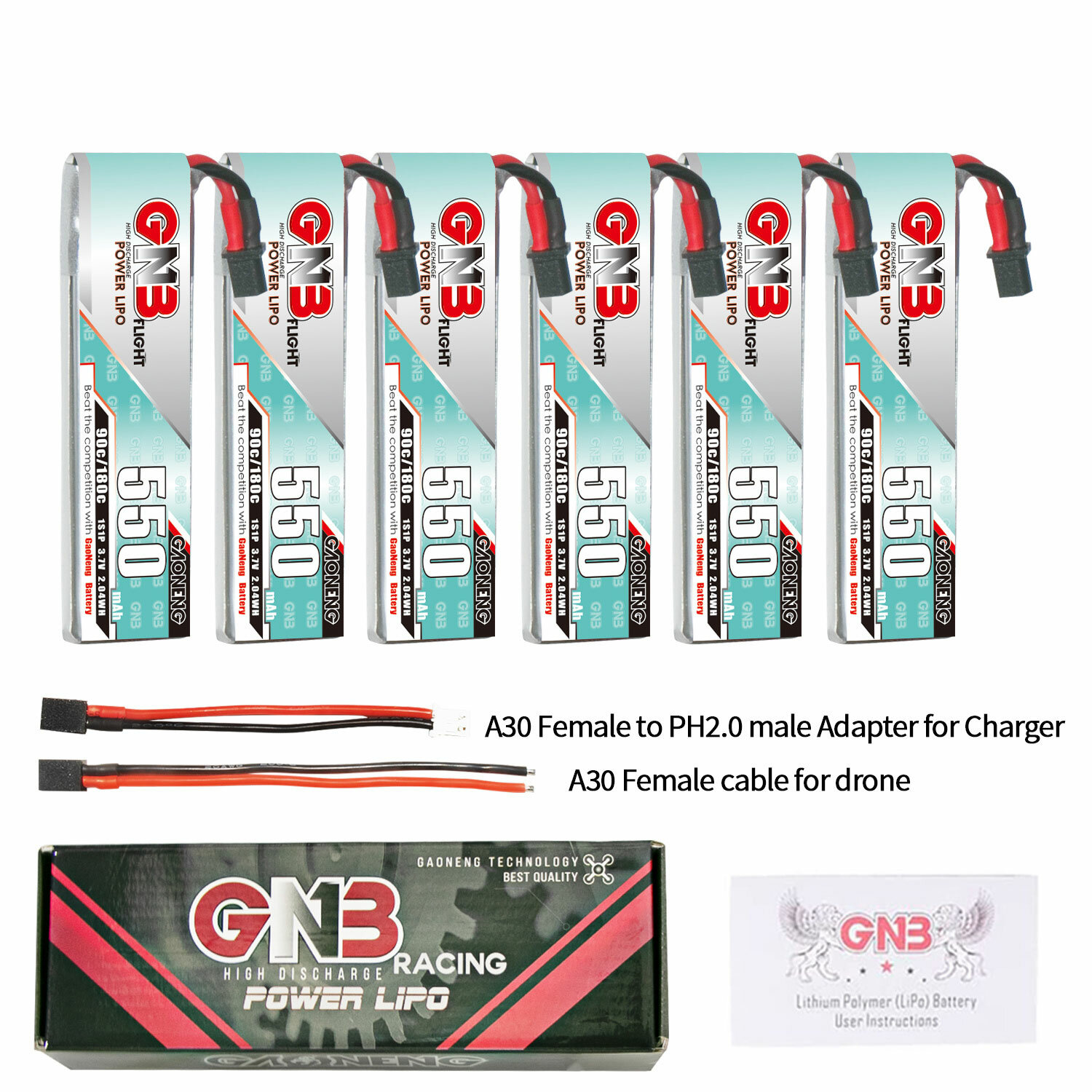 6 stuks Gaoneng 3,7V 550mAh 90C 1S LiHV-batterij A30-stekker met adapterkabel voor Emax Tinyhawk S BetaFPV Beta75X Top Merken Winkel